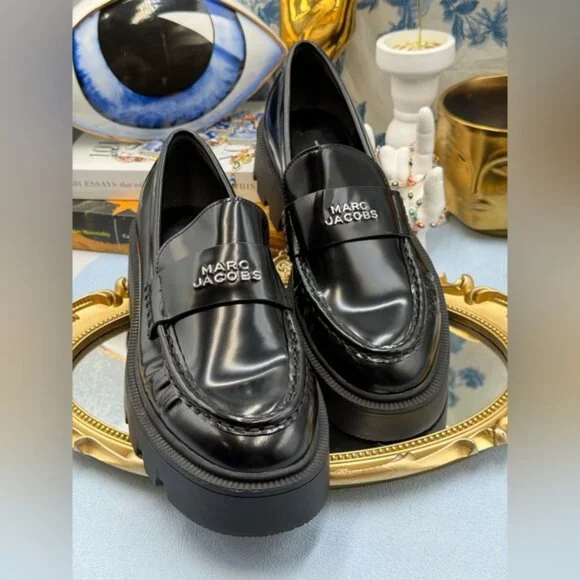 🆕 MARC JACOBS 🧿 NWOB The Frankie Logo-Plaque Platform Loafer, Black Sz 37 US7 - Picture 5 of 14